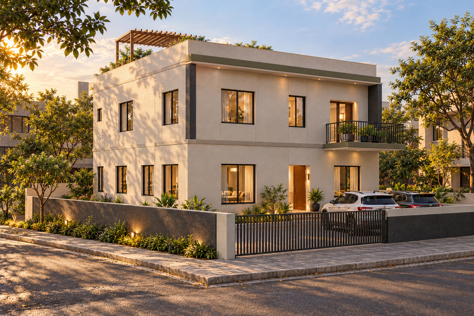 Basalt Garden — exterior · daylight; photorealistic design concept