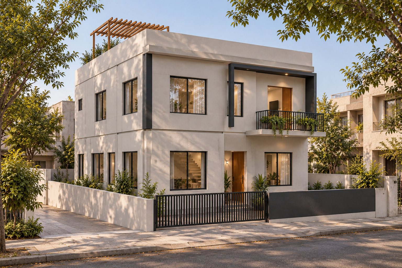 Monochrome Veranda — exterior · daylight; photorealistic design concept