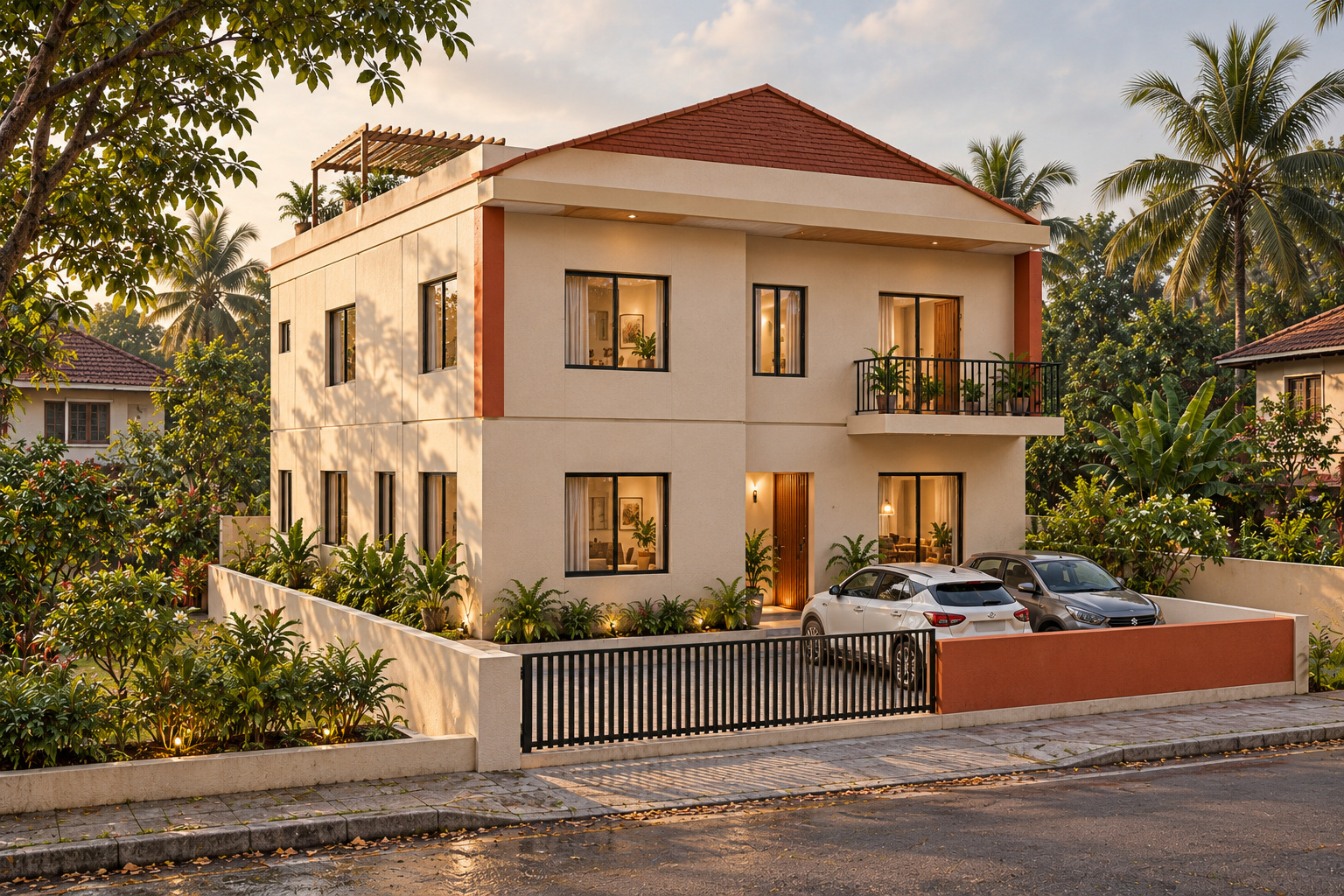 Monsoon House — exterior · daylight; photorealistic design concept