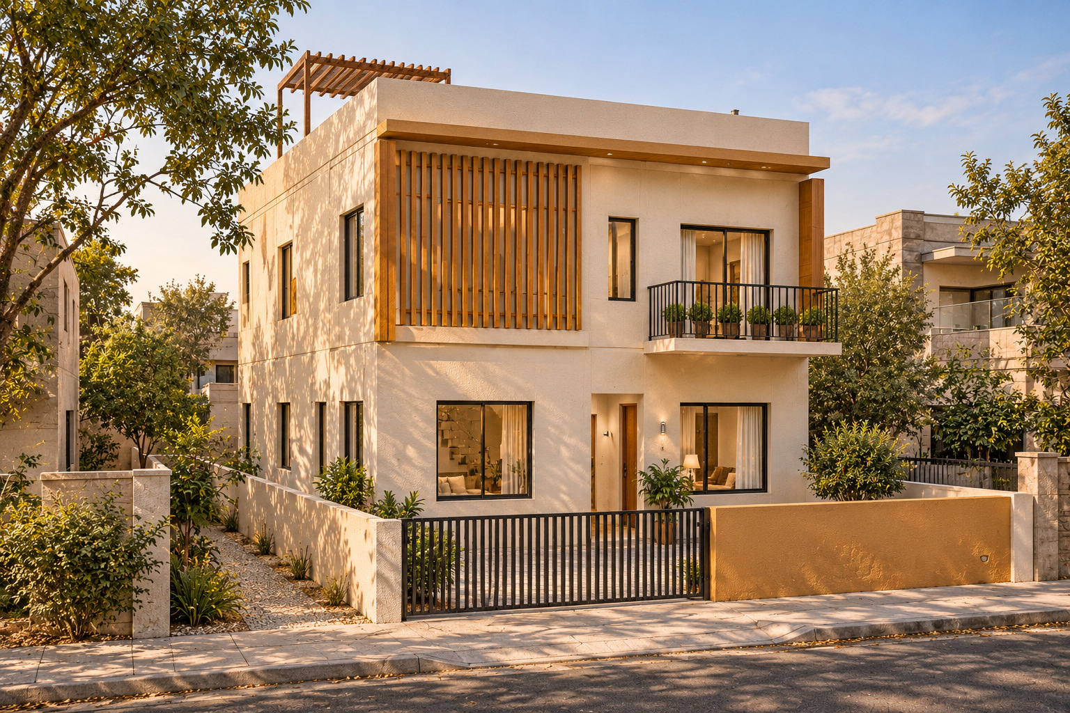 Ochre Screen — exterior · daylight; photorealistic design concept
