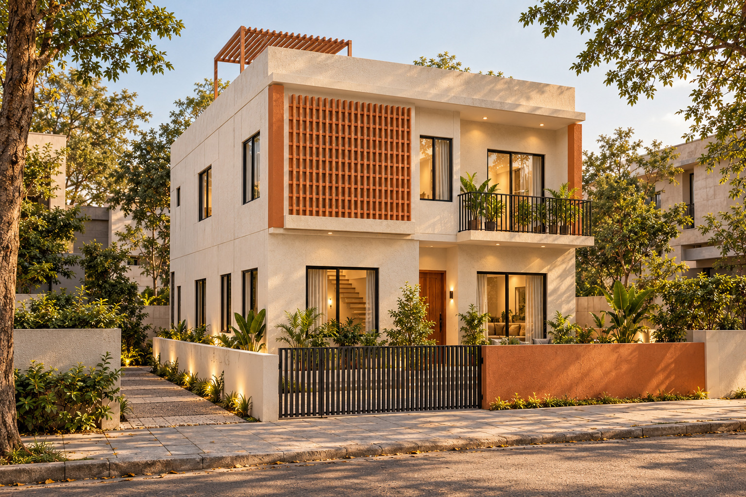 Terracotta Court — exterior · daylight; photorealistic design concept