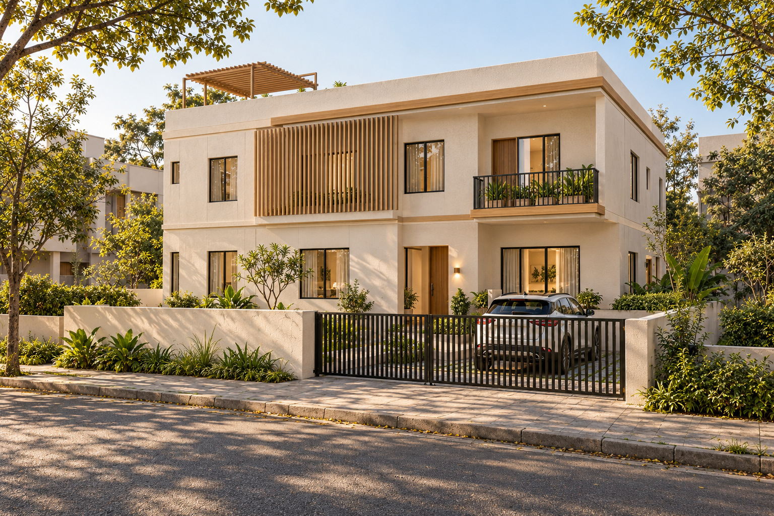 Timber Light — exterior · daylight; photorealistic design concept